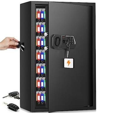 Imagem de Nebakne Cofre de armário à prova de fogo de 144 chaves com placas de gancho ajustáveis e etiquetas, suporte de parede antifurto com trava de combinação, organizador para garagem e escritório doméstico