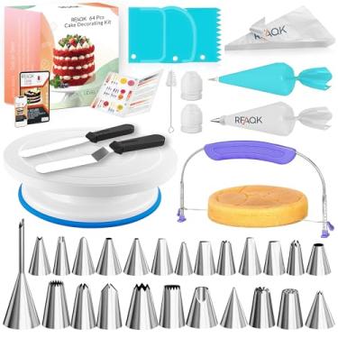 Imagem de Kit de decoração de bolos RFAQK com 64 peças para iniciantes, inclui curso em vídeo, livreto + suprimentos para confeitaria, suporte para bolo, nivelador, 24 pontas de confeitar numeradas, espátula