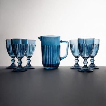 Imagem de Conjunto Jarra com 6 Taças Portina Casa - Athena Blue - Wincy Casa