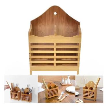 Imagem de Porta Talher Bambu Organizador Utensílio Madeira Escorredor De Talher 