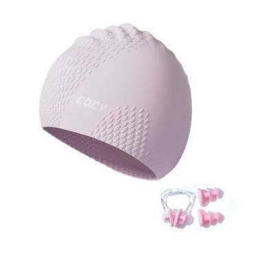 Imagem de Touca de natação grande durável de silicone impermeável melhor para cabelos longos e tranças grossas, touca de natação feminina de cabelo longo mantém o cabelo seco touca de natação com tampões de