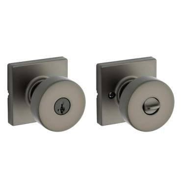 Imagem de Kwikset Maçaneta de porta de entrada Pismo com fechadura e chave, maçaneta externa com chave quadrada segura, entrada frontal e quarto, bronze metálico, segurança SmartKey Rekey resistente a picaretas