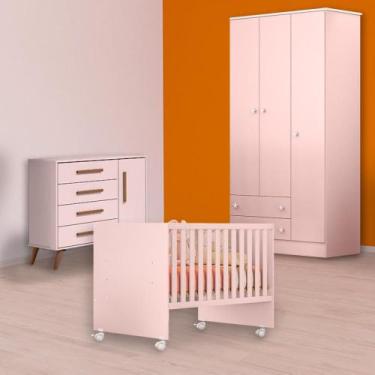 Imagem de Berço Reto, Cômoda Sapateira Retrô e Guarda Roupa Rosa - Qmovi