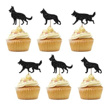 Imagem de Conjunto de 24 topos de cupcake de pastor alemão, topos de cupcake de cachorro, palhetas de cupcake de aniversário de filhote de estimação com glitter preto para crianças, suprimentos de festa de