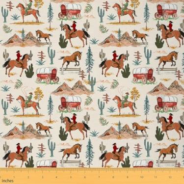 Imagem de Tecido de cavalo de desenho animado por The Yard Tecidos de carruagem de cavalo caubói ocidental para suprimentos de costura verde deserto cacto árvores tecido montanha para decoração de quarto e