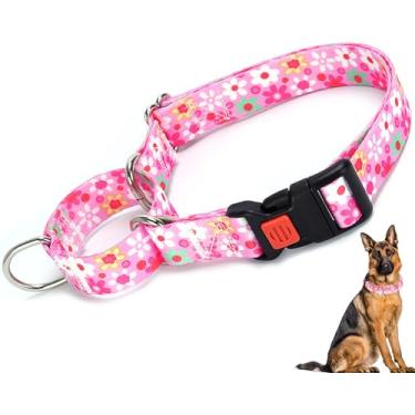 Imagem de Coleira rosa martingale para cães grandes com fivela de segurança, coleiras ajustáveis para cães com design de flores, coleira resistente antiderrapante ótima para whippets, galgos e mais (G)