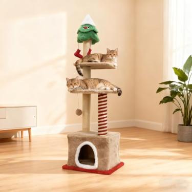 Imagem de WOWOHPET Árvore de Natal para gatos, 129 cm, torre para gatos, pequenos, médios, centro de atividades em vários níveis com postes para arranhar cavernas, poleiro, brinquedo para decoração de Natal