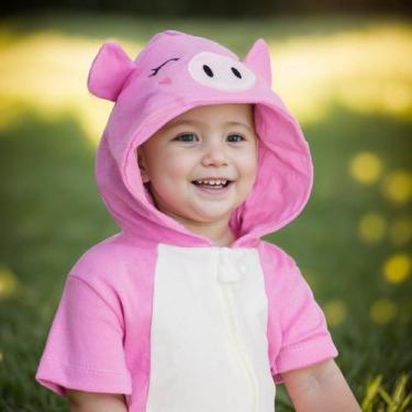 Imagem de Macacão Infantil Curto Com Capuz Bordado Porquinha Rosa - Era Uma Vez,