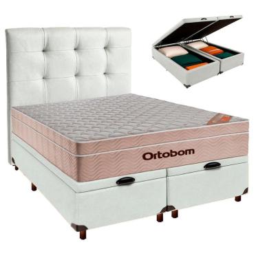 Imagem de Cama Box Bau + Colchão Casal Ortobom Molas Ensacadas Airtech + Cabeceira Estofada