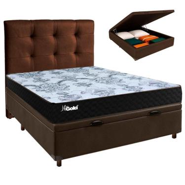 Imagem de Cama + Bau Marrom E Colchão Molas Ensacadas Casal - Life Gold Paropas + Cabeceira