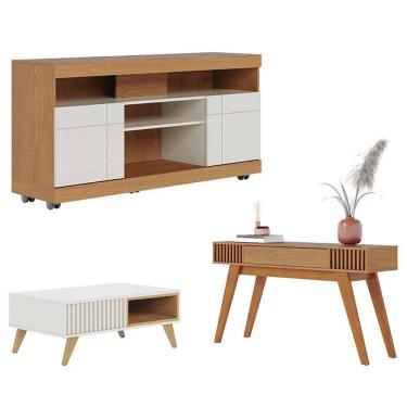 Imagem de Rack Bancada Yara Freijó Off White com Mesa de Centro Jeri Off White Freijó e Aparador Riviera Freijó - Colibri