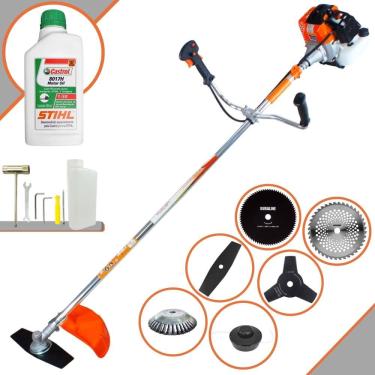 Imagem de Roçadeira Vulcan VR430S 43cc Com Carretel de Nylon e Lâmina Facão + Lâmina 3 Pontas + Lâmina 40 Dentes + Lâmina 80 Dentes + Escova de Aço + ÓLEO STIHL