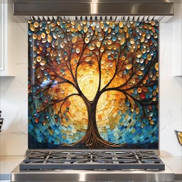 Imagem de fzxwyishu Cobertura traseira de cozinha de vidro temperado, tampa superior traseira de fogão, azulejo respingo, capa de pia de cozinha árvore da vida, proteção contra respingos, decoração de cozinha