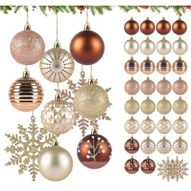 Imagem de 30 peças de enfeites de bolas de Natal, 30 bolas de decoração de árvore de Natal à prova de estilhaçamento de cobre dourado (6 cm) em 8 estilos com 2 flocos de neve com glitter, decorações de árvore