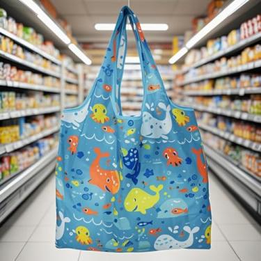Imagem de Sacos de compras reutilizáveis de poliéster dobrável, estampa geométrica de flores de animais fofos, sacolas de compras reutilizáveis extragrandes de 13,6 kg, resistentes e laváveis na máquina