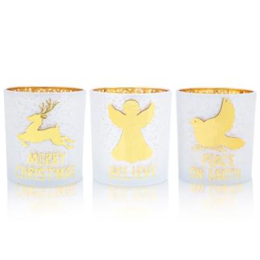 Imagem de Rancco Castiçais votivos, conjunto de 3 velas de chá de vidro prateado dourado de Natal com alce, anjo, pomba da paz, suporte de vela para centros de mesa de Natal, aniversário, decoração de chá em