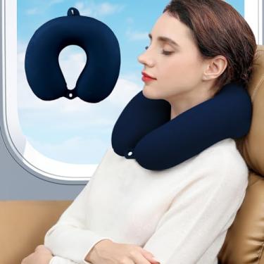 Imagem de Almofada de pescoço de viagem de espuma viscoelástica em forma de U, suporte confortável de pescoço e cabeça para aviões, trens, carros autônomos (azul escuro)
