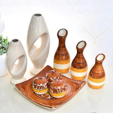 Imagem de Kit 9 Jarros Decorados Trio Vaso Ceramica Enfeite Centro Mesa Sala Enfeite Casa Rack Aparador Nicho Jarros Decorativos Para Sala(AMARELO DS 9PÇS)