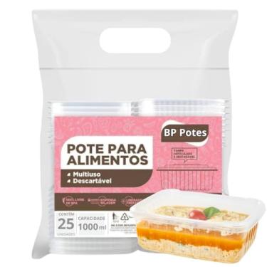 Imagem de Pote Descartável 1000ml Retangular Freezer Microondas Marmita Fit Com Tampa (25 Unidades)