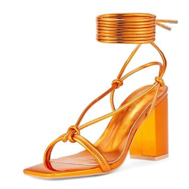 Imagem de GENSHUO Sandálias femininas de bico quadrado com cadarço de salto alto grosso com tiras salto bloco envoltório tornozelo vestido de casamento sapatos dourados tamanho 39, Laranja metálico, 38
