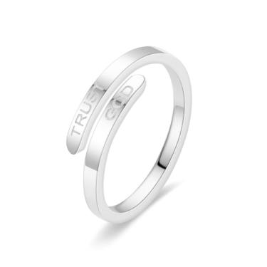 Imagem de DATOA Anel de cruz Trust God para mulheres e homens, aço inoxidável, aberto, ajustável, joia inspiradora, religiosa, fé religiosa, Natal, festa de formatura, Metal, Sem pedra preciosa