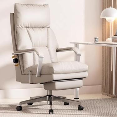 Imagem de Cadeira de escritório ergonômica com encosto alto, Suporte lombar ajustável e giro de 360° - Cadeira de escritório reclinável de couro com apoio para os pés, Capacidade de 180 kg,Khaki