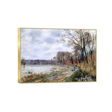 Imagem de BMZFYBS Imagem de arte de parede de paisagem - impressões em tela vintage - Rio no inverno - Pintura com moldura dourada para sala de estar decoração de casa de fazenda 90 x 125 cm 35 x 49 pol