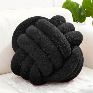Imagem de Adlbbkiy Bola de almofada preta com nó de 21 cm, almofada redonda macia feita à mão com nó, almofada de pelúcia para decoração de casa, almofada de travesseiro de pelúcia com nó, para sofá de sala de