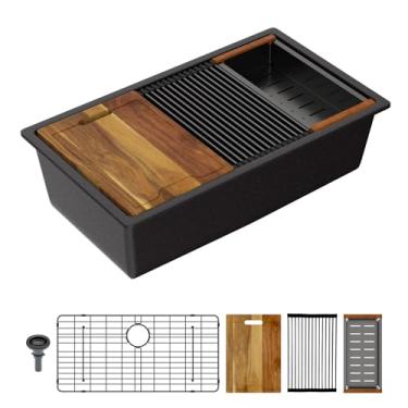 Imagem de Lordear Pia de cozinha composta de granito preto de 83 cm, estação de trabalho 83 x 48 cm, pias de quartzo preto fosco embaixo do balcão, pia de tigela única com acessórios pretos