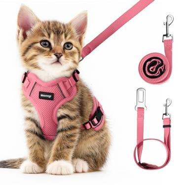 Imagem de Conjunto de arnês e coleira para gatos à prova de fuga de caminhada, arnês ajustável para carro de quatro lugares, colete macio para gatos com faixa refletiva para gatos, colete confortável ao ar