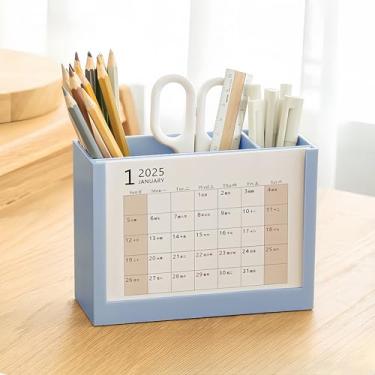 Imagem de Calendário de mesa 2025 suporte de lápis 15 x 11 cm, calendário de 18 meses funciona de janeiro de 2025 a junho de 2026, suporte multifuncional para caneta em casa, escola ou escritório (azul)