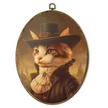 Imagem de laveliabel Decoração de parede em tela oval de gato aristocrático vintage, impressão em tela emoldurada de gato da academia escura, decoração de parede oval de animal gótico temperamental para sala de