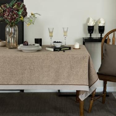 Imagem de GLORY SEASON Houndstooth Toalha de mesa com bordas estilo linho, rústico, vintage, lavável, toalha de mesa, toalha de mesa oblonga para banquete, chá de bebê, festa, decoração de cozinha 152 x 300 cm