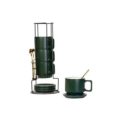 Imagem de La Belle Maison Conjunto de canecas de café empilháveis de porcelana de 118 a 326 g com pires, colheres e suporte de metal - xícaras de chá de cerâmica com rack - Segura para lava-louças e micro-ondas
