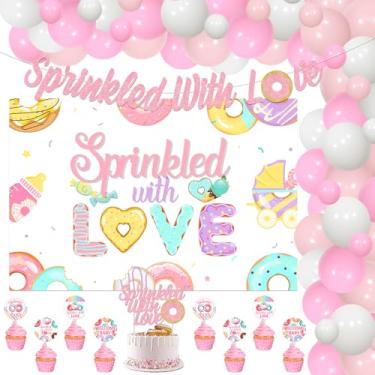 Imagem de Donut Sprinkle Baby Shower Decorations Pink Sprinkled with Love Banner Backdrop Dount Cake Cupcake Toppers Balloon Garland Arch Kit for Girls Sprinkled Baby Shower Party Decor Supplies