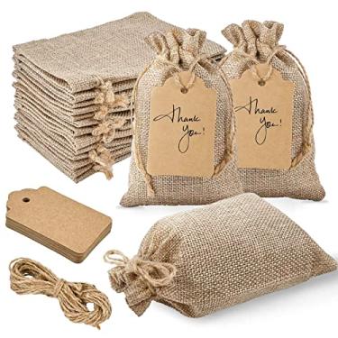 Imagem de Jutieuo 50 sacos pequenos de estopa com cordão – Sacos de linho premium reutilizáveis de 10 x 15 cm com etiqueta e cordão, mini bolsa de presente para lembrancinhas de festa de casamento, bolsas de