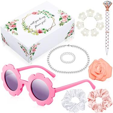 Imagem de 16 peças Kit de caixa de propostas para damas de flores presentes para meninas de flores caixa de óculos redondos colar de óculos redondos pulseira de pérolas caneta de diamante elásticos de cabelo rosa Will You Be My Flower Girl para casamento (rosa rosa)