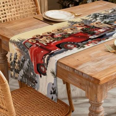 Imagem de Caminho de mesa de Natal 33 x 91 cm - Decoração de mesa de jantar de cozinha de inverno para decoração de casa, caminhão vintage vermelho impresso, cães com presentes na floresta nevada para decoração