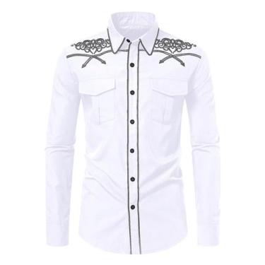 Imagem de Camisa masculina KISSQIQI Western Cowboy bordada Slim Fit branca