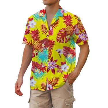 Imagem de Camisa havaiana cromoncent para homens de manga curta amarela abacaxi