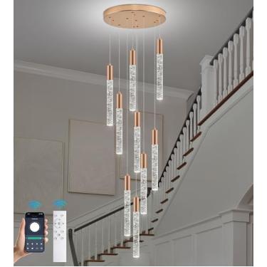 Imagem de Upfelw Lustre De Cristal Moderno Teto Alto Com 12 Luzes, Grande Espiral Dourada Leds Em Forma Gota Chuva, Luminária Pendente Para Hall Entrada, Escada Formato Bolha, Suspensa Sala Estar, Montagem Em