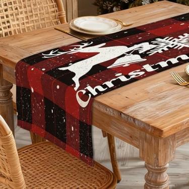 Imagem de Caminho de mesa de Natal 33 x 91 cm - Decoração de mesa de jantar de cozinha de inverno para decoração de casa, rena branca impressa de Natal, sino, floco de neve em xadrez vermelho-preto para
