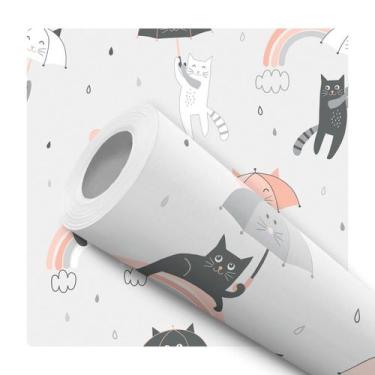 Imagem de Papel de Parede Adesivo Ilustração Gatinho Arco Íris Fundo Cinza Moder