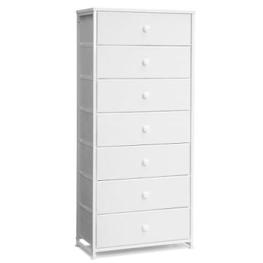 Imagem de Crestlive Products Cômoda alta, torre de armazenamento Fabirc larga com 7 gavetas, cômoda – Unidade organizadora vertical para quarto, corredor, entrada, berçário, armários com alças (branca)