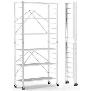 Imagem de Himix Prateleiras de armazenamento dobráveis de 6 níveis, estante dobrável expansível com rodas, substituível em 2 unidades de prateleira, prateleiras de metal dobráveis ajustáveis para garagem