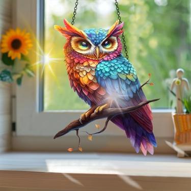 Imagem de Apanhador solar de acrílico colorido, estilo vitral estampado de coruja animal com reflexos de arco-íris, arte de parede para decoração de janela suspensa, ornamentos de Natal para uso interno e
