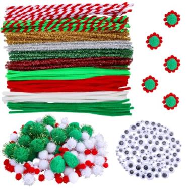 Imagem de SUNNYCLUE 120 peças de limpador de cachimbo de Natal, 140 peças de bolas de pompom brancas, vermelhas, verdes, 100 peças, enfeite de Natal com olhos arregalados para projetos de costura, acessórios de