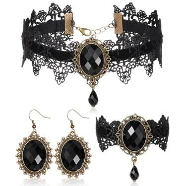 Imagem de Tondiamo Gargantilha gótica conjunto de joias para mulheres, estilo vitoriano, gargantilha, colar, pulseira, brinco, fantasia de bruxa e vampiro, Chain: about 13 inches, liga, pedras artificiais e