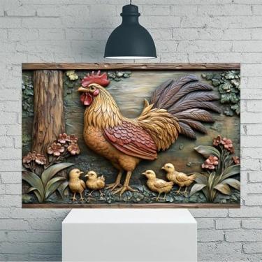 Imagem de Arte de parede em tela rústica vintage de galo com pintinhos esculpida - Pôster sem moldura de 30 x 45 cm - Ideia de presente para decoração de casa e escritório para sala de estar, quarto, cozinha e