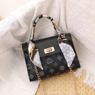 Imagem de Bolsa transversal com corrente e fecho magnético, carteira feminina, moderna, estampa retrô, bolsa de ombro nas axilas, alça de ombro removível, Preto